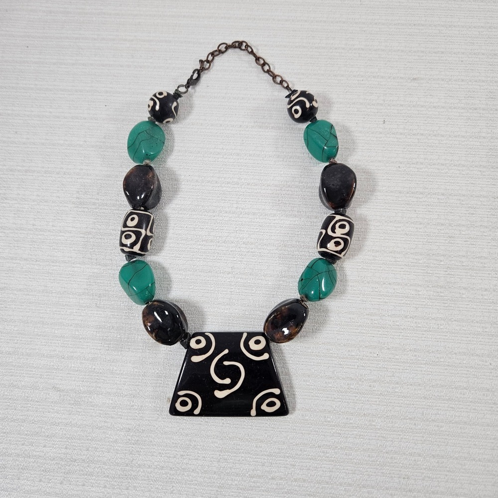 Handcrafted Chunky Bead Statement Necklace Turquoise Black Tribal Swirl Pendant